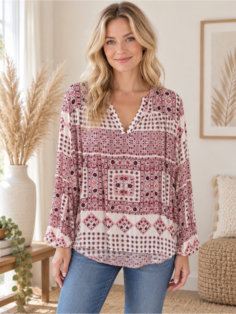Sam & Lavi Pink Printed V-Neck Boho Minimalist Tunic